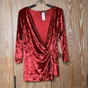 NWT Inner Beauty Womens Velvet Wrap Blouse Shirt Red Long Sleeve Business Casual